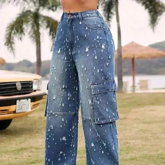 Blue Preppy Women's Ripped Workwear Pocket Denim Jeans - Picture 5 of 5